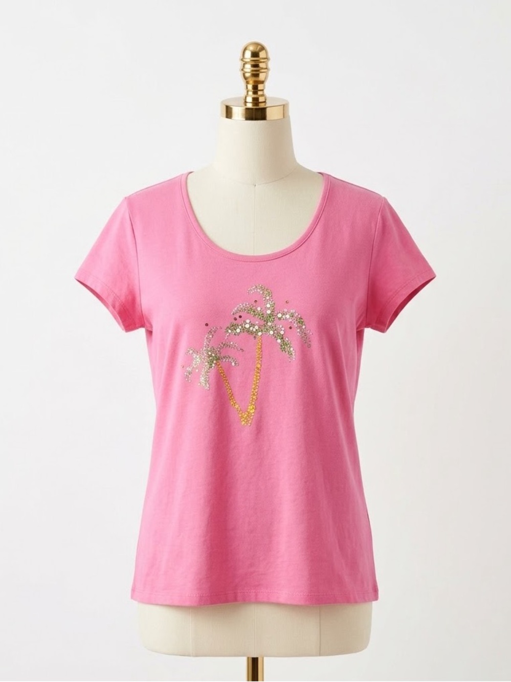 PINK K Palm Tree Graphic Tee Shirt Rhinestone Embellished Tropical Casual XL